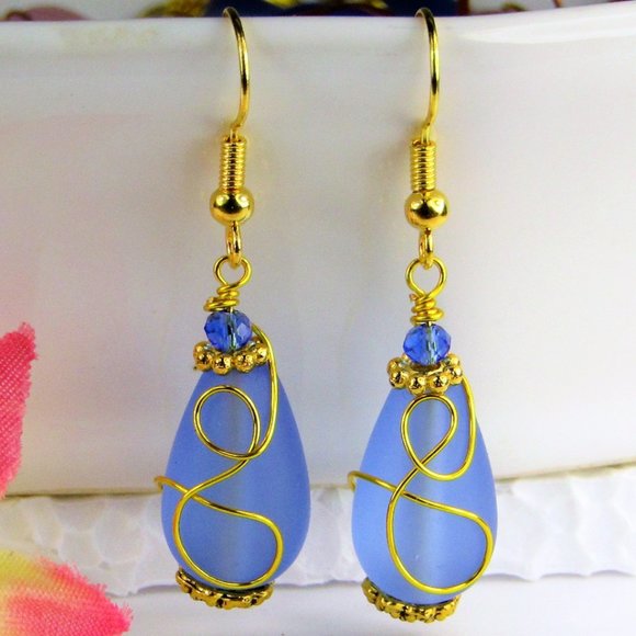 Cobalt Blue Sea Glass Gold Dangle Earrings - Picture 1 of 4